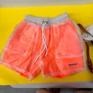 Desmiit Mens Neon Orange Translucent Layered Swim Trunks Board Shorts XL